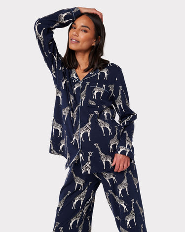Maternity Navy Giraffe Print Organic Cotton Long Pyjama Set